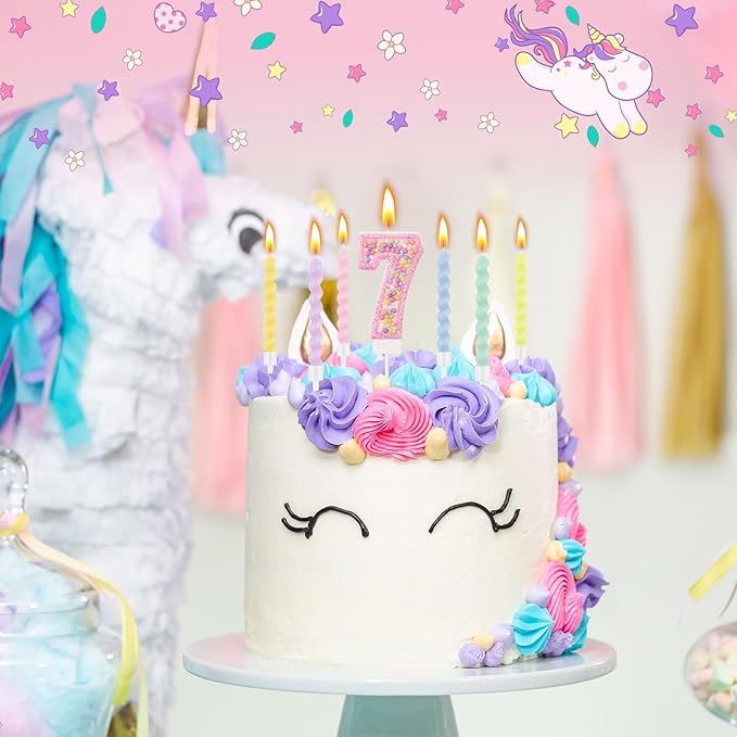 MTLEE Number 7 Birthday Candle with 12 Pcs Spiral Candles for Girls