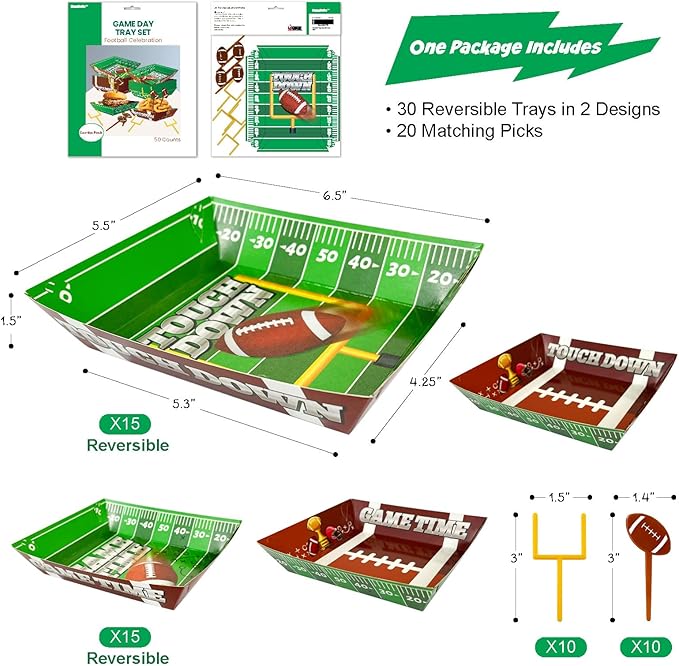 50 Piece Football Party Food Tray Box Kit 30 Oil Resistant Paper