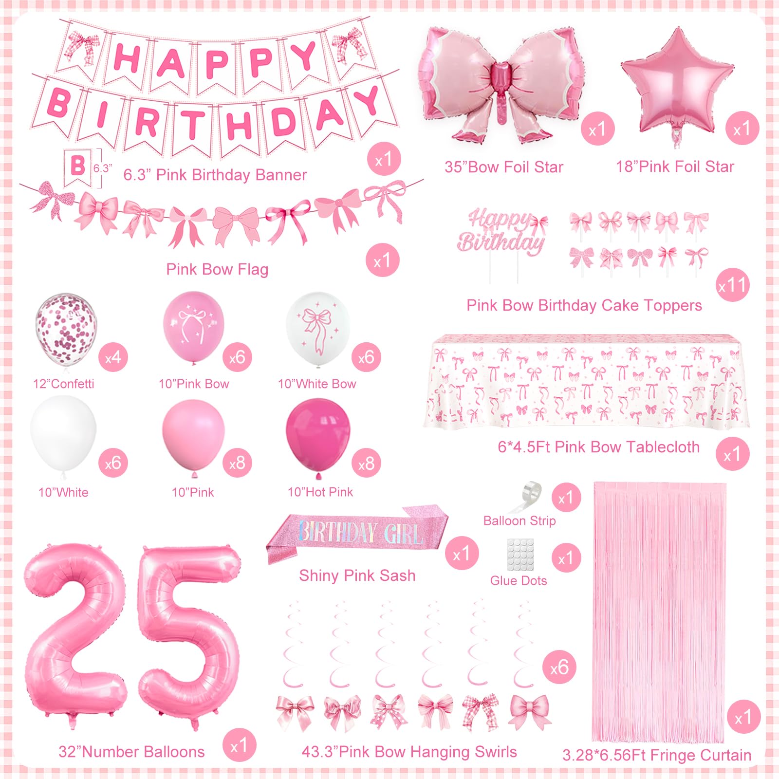 25th Pink Birthday Decorations for Women, Pink Bow Coquette Birthday