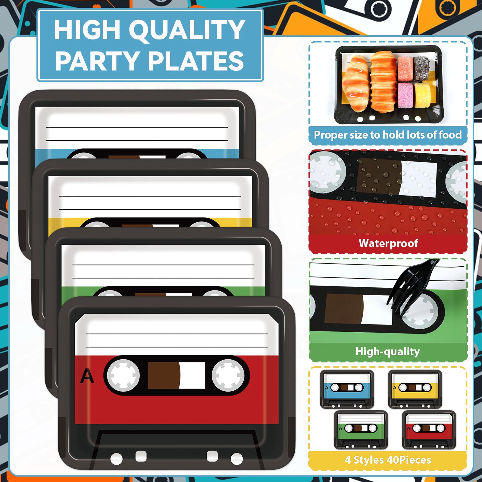 40PCS Cassette Tape Plates 70s 80s 90s Party Decorations 10 x 7 Inch