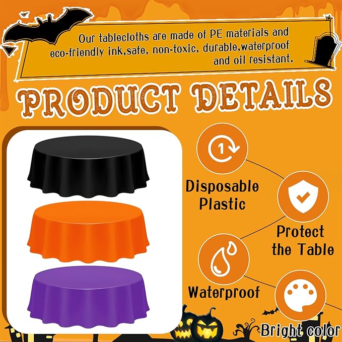 CIEOVO 12 Pack Halloween Plastic Tablecloth Black Orange Purple Color
