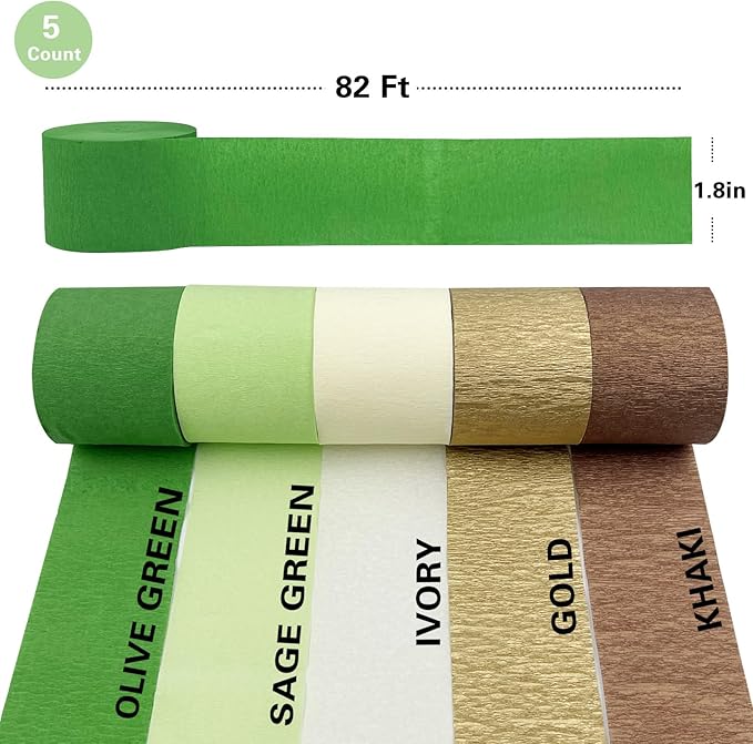 AOYOO 5 Rolls Crepe Paper Streamers - Sage Olive Green, Gold & Ivory