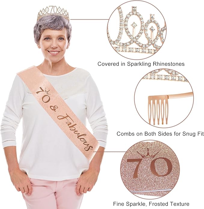 70th Birthday Decorations for Women 33pcs Kit with Crown Sash Banner