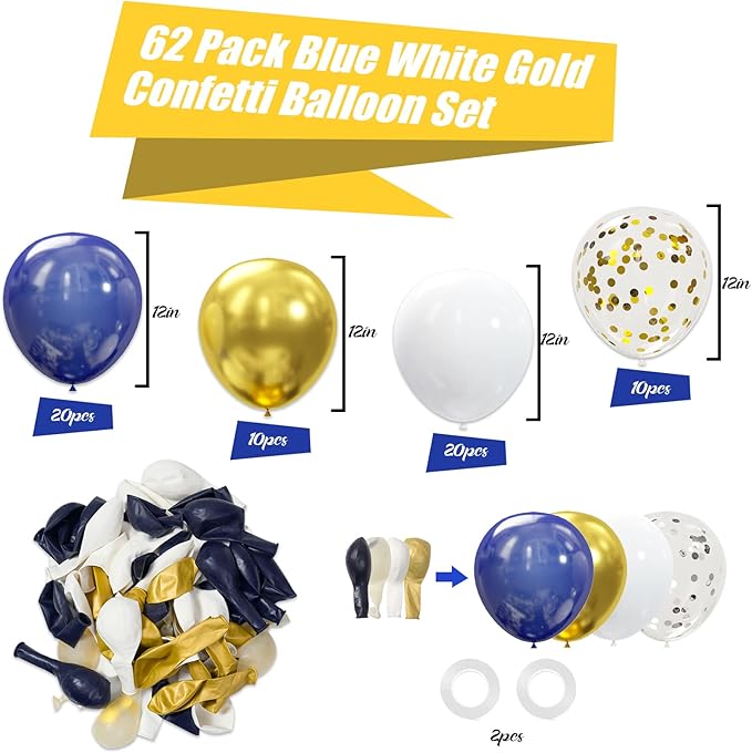 62pcs Gold Navy Blue Balloons Kit - 12 Inches Gold Blue Party