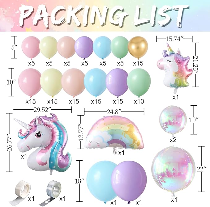 140Pcs Pastel Rainbow Unicorn Balloon Garland Arch Kit with Pink