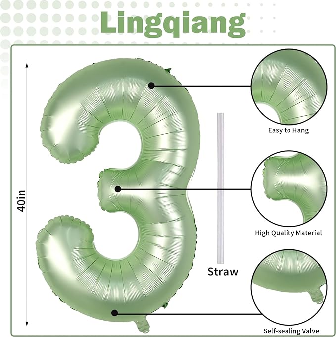 Sage Green Number 3 Balloon, 40In Large Foil Number Balloons Set 0-9