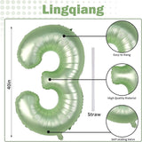 Sage Green Number 3 Balloon, 40In Large Foil Number Balloons Set 0-9