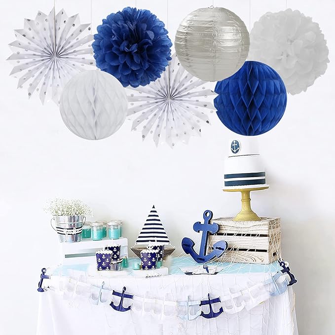 Navy-Blue White Silver Party Decorations - 14pcs Kits Paper Lanterns