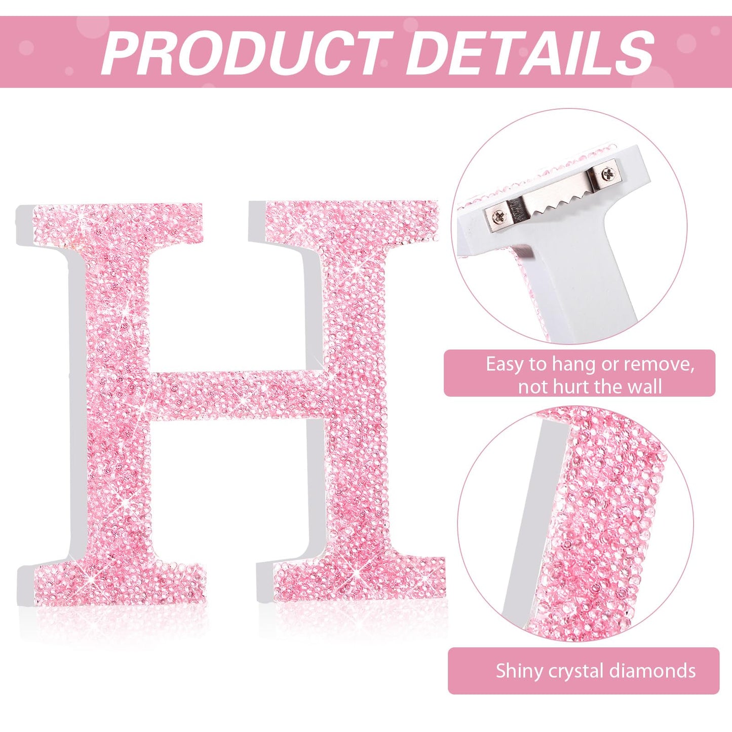 Qunclay Pink Crystal Diamond Letter Wall Decor, Glitter Wooden Bling