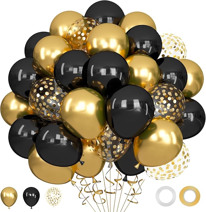 Ouddy Life 71pcs Black and Gold Balloons Set 12 inch Black Metallic