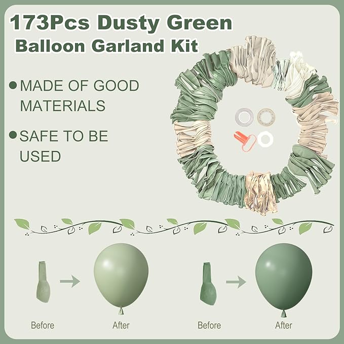 Amandir 173Pcs Dusty Green White Sand Balloon Arch Garland Kit, Beige
