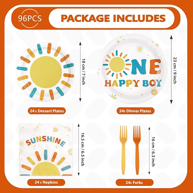 96Pcs Sun 1st Birthday Party Decorations Happy Boy One Themed Plates