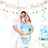 Light Dusty Blue Boho Baby Shower Party Decorations 21pcs Beige