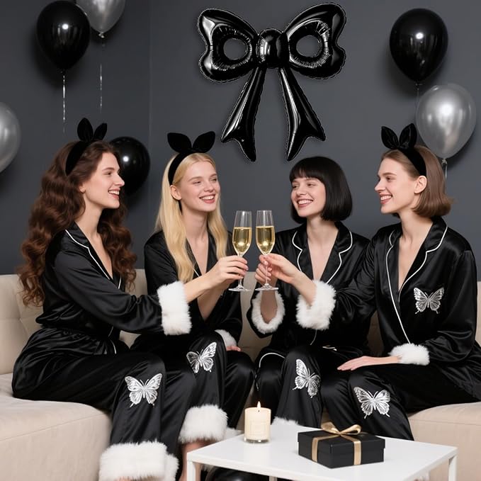 Black Happy Birthday Balloons, 31”Huge Black Bow Aluminum Foil
