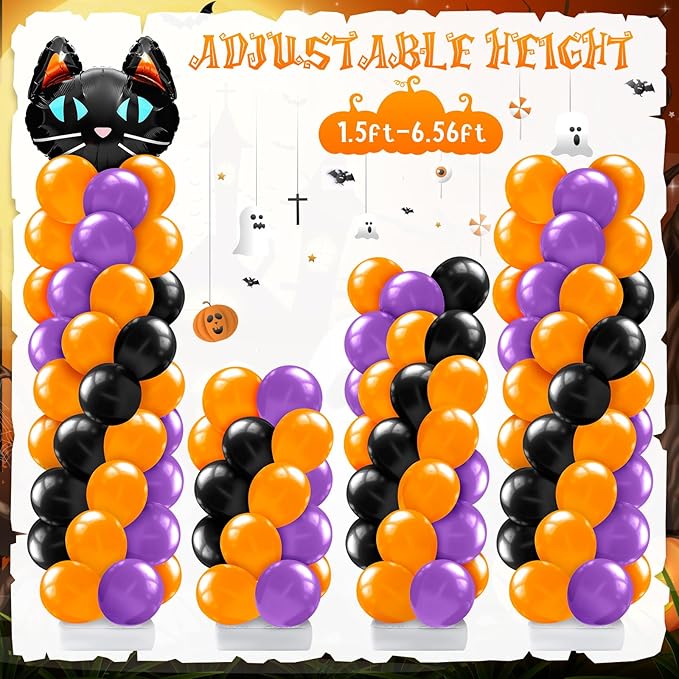 2 Set Halloween Balloon Column Stand Kit with Cat Head Scary Pumpkin