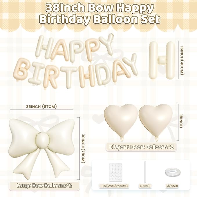Beige Happy Birthday Balloon Banner, 38Inch Bow Aluminum Foil