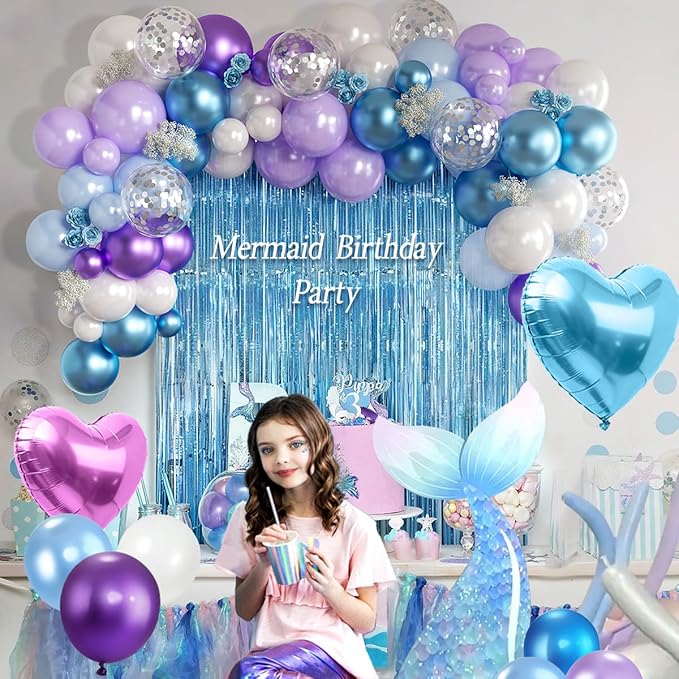 157Pcs Mermaid Party Balloons Garland Arch Kit with Fringe Curtain