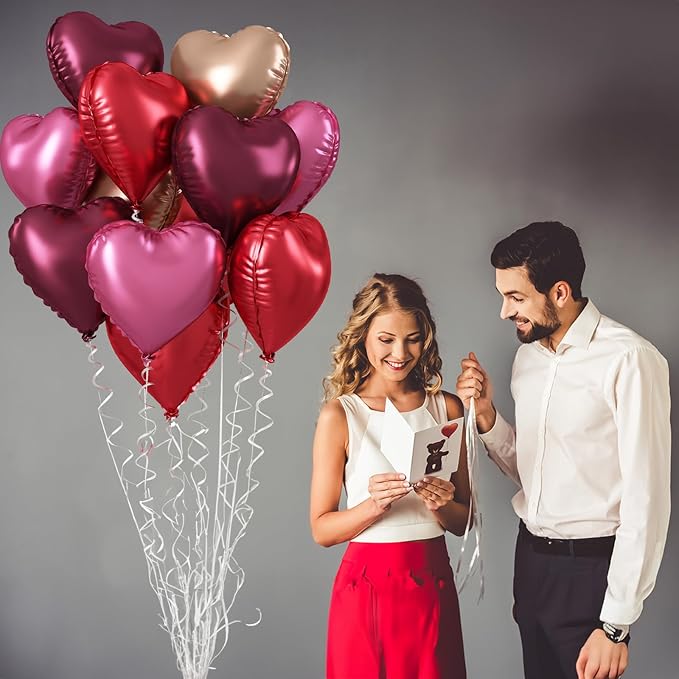 Wine Red Heart Balloons, 18 Inch 12 Pcs Burgundy Red and Pink Foil