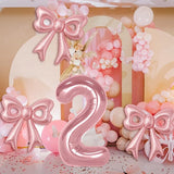 Bow Number 2 Birthday Balloons, 40” Pink Aluminum Foil Balloons Happy
