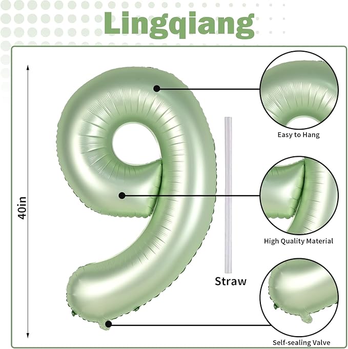 40'' Sage Green Number 9 Balloon, Self Inflating Foil Number Balloons