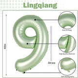 40'' Sage Green Number 9 Balloon, Self Inflating Foil Number Balloons