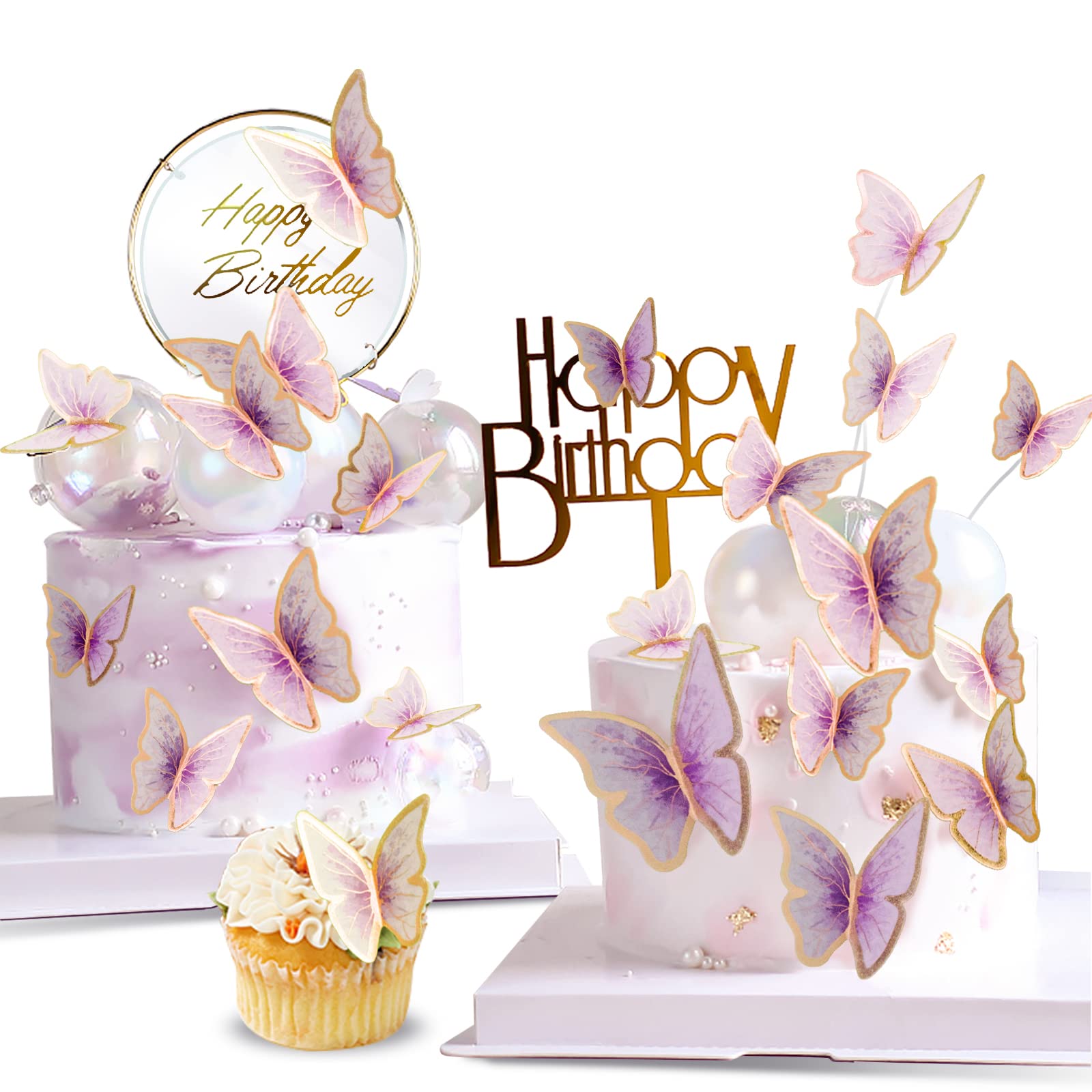 LANGPA 22-Pieces Butterfly Cake Decorations With Happy Birthday Purple
