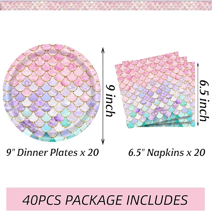 40 Pcs Mermaid Birthday Party Decorations Plates Set for 20 Guests