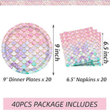 40 Pcs Mermaid Birthday Party Decorations Plates Set for 20 Guests