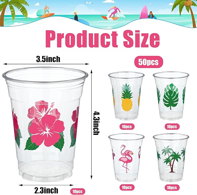 50 PCS Hawaiian Luau Cups 12 oz Plastic Tropical Cups Hawaii Party