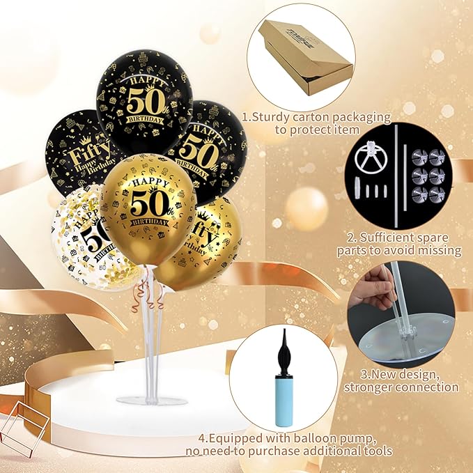 4 Set Black Gold Balloon Stand Kit for Birthday Decorations for 50th
