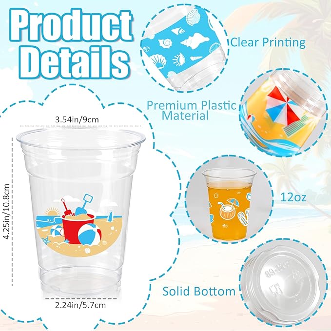 100Pcs Beach Pool Party Decoration Cups, 12 Oz Summer Disposable Cups