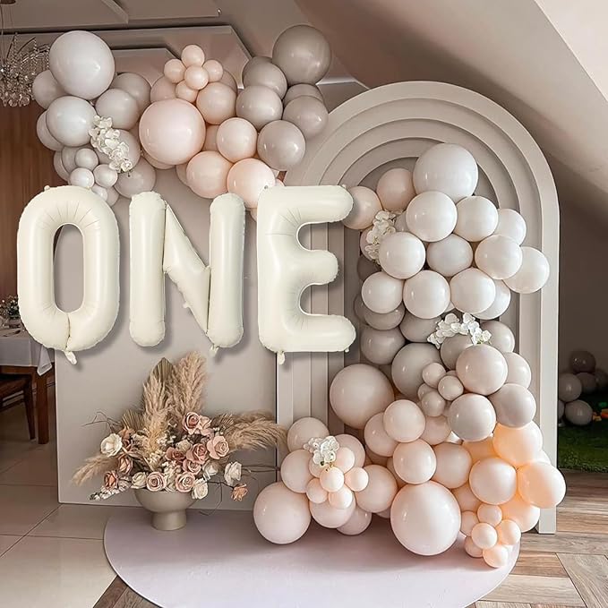 40 Inch Beige One Balloons for 1st Birthday, Cream White Sand One