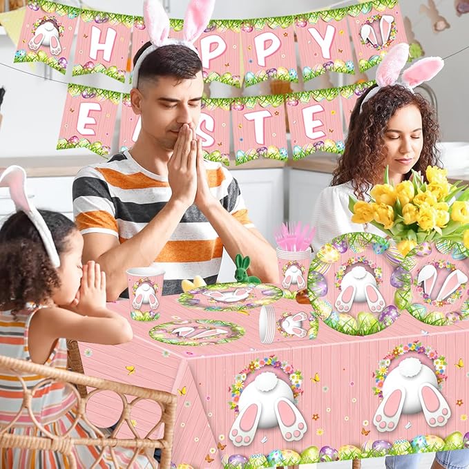 Happy Easter Decorations 142Pcs Easter Bunny Plates and Napkins Kit