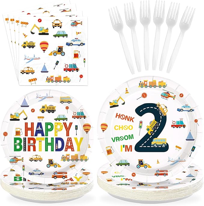 96Pcs 2nd Birthday Cars Party Supplies Transportation Theme Birthday