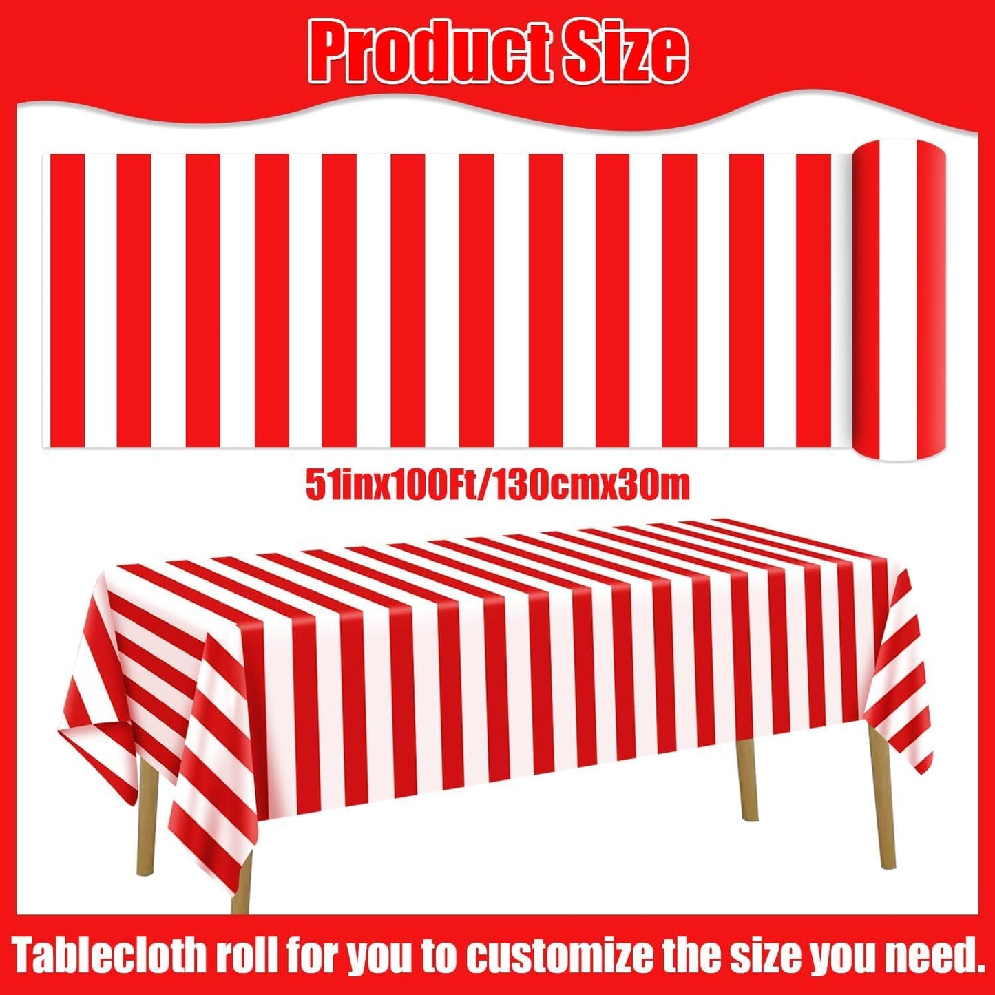 PIXHOTUL Carnival Tablecloth Roll 100 Ft Red and White Striped