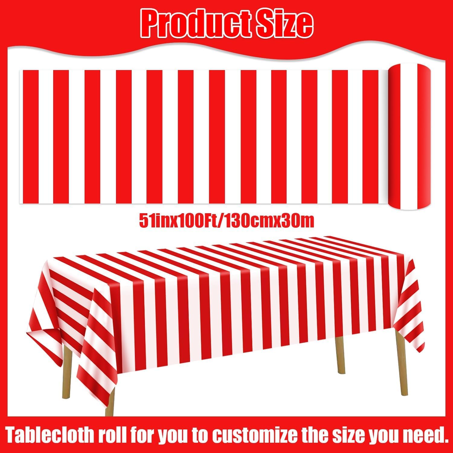PIXHOTUL Carnival Tablecloth Roll 100 Ft Red and White Striped