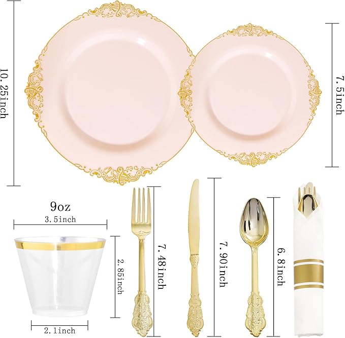 Nervure 175PCS Pink Plastic Plates - Disposable Pink Gold Party