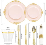 Nervure 175PCS Pink Plastic Plates - Disposable Pink Gold Party