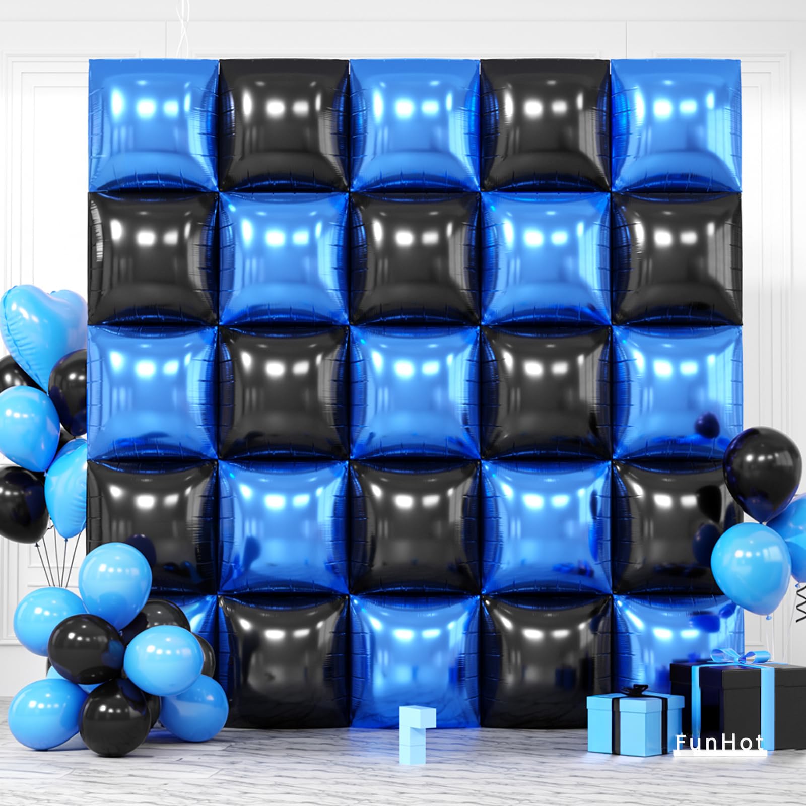 Metallic Blue and Black Square Foil Balloon Wall,19 Inches Double