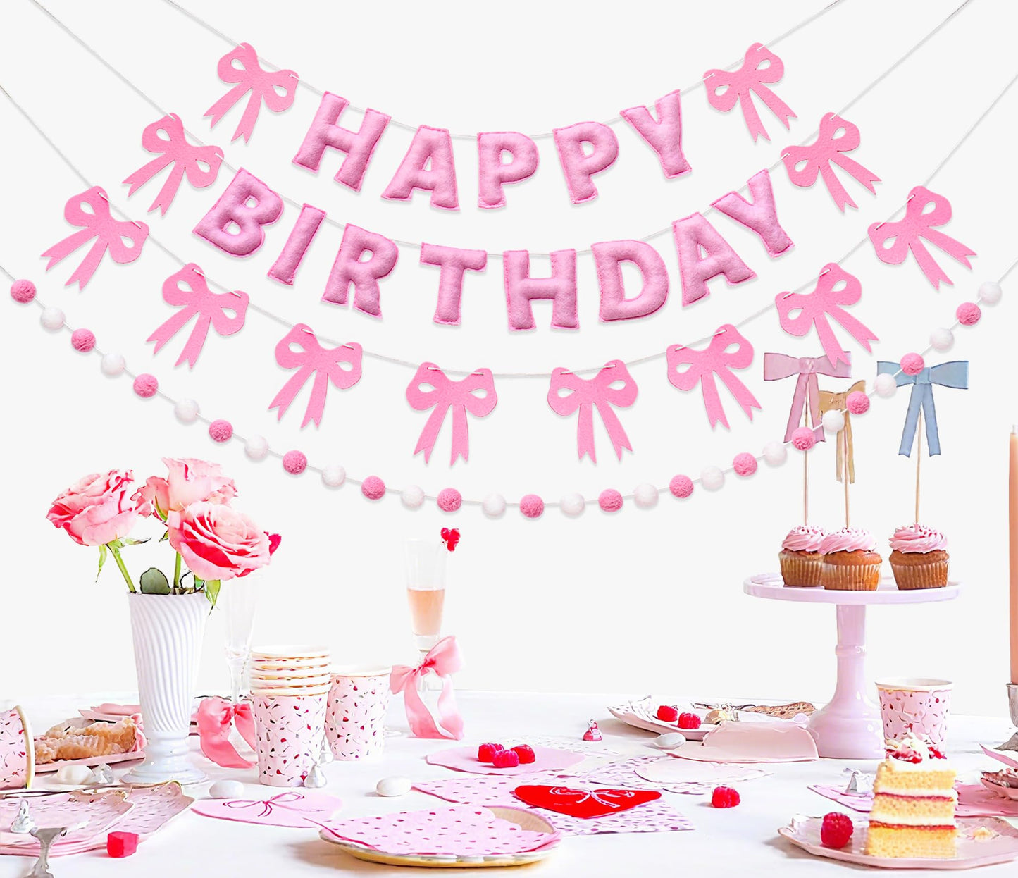 Pre-Strung Pink Bow Birthday Decorations, Reusable Coquette Party