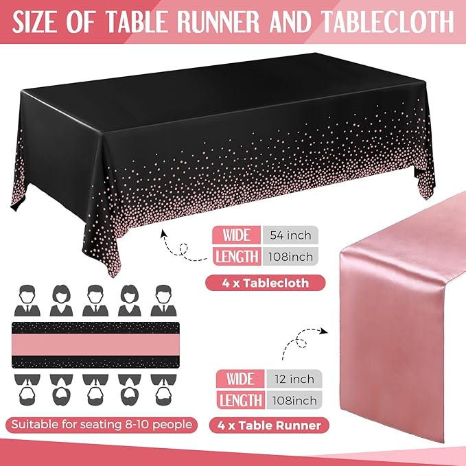 Breling 8 Pack Black and Rose Gold Disposable Plastic Tablecloths and