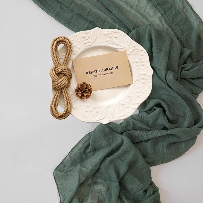 Keketoarrange 6Pcs Forest Green Gauze Rustic Cheesecloth Table Runner