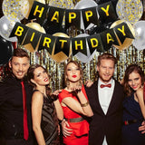 Happy Birthday Banner, Black Gold Birthday Decoration, 16 Pcs 12in
