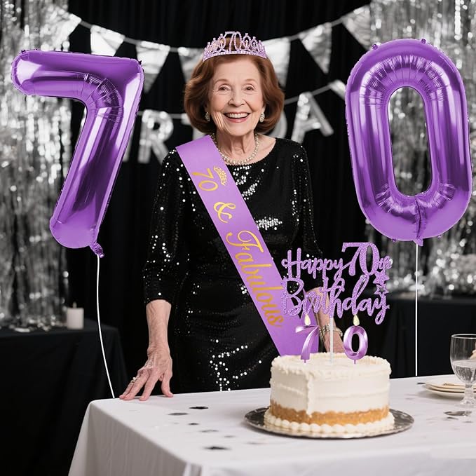 70th Birthday Decorations for Women Purple with 70th Birthday Sash