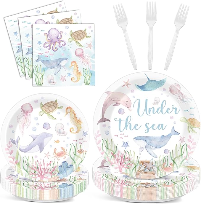 96 Pcs Under the Sea Party Decorations Ocean Plates and Napkins Sea