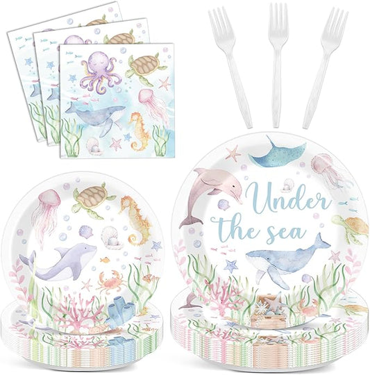 96 Pcs Under the Sea Party Decorations Ocean Plates and Napkins Sea