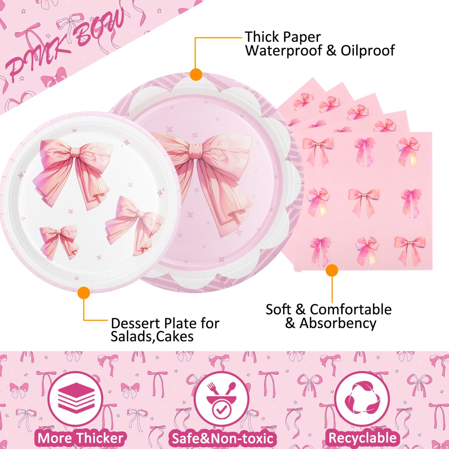 Pink Bow Party Plates and Napkins Supplies - 25 Disposable Plates, 25