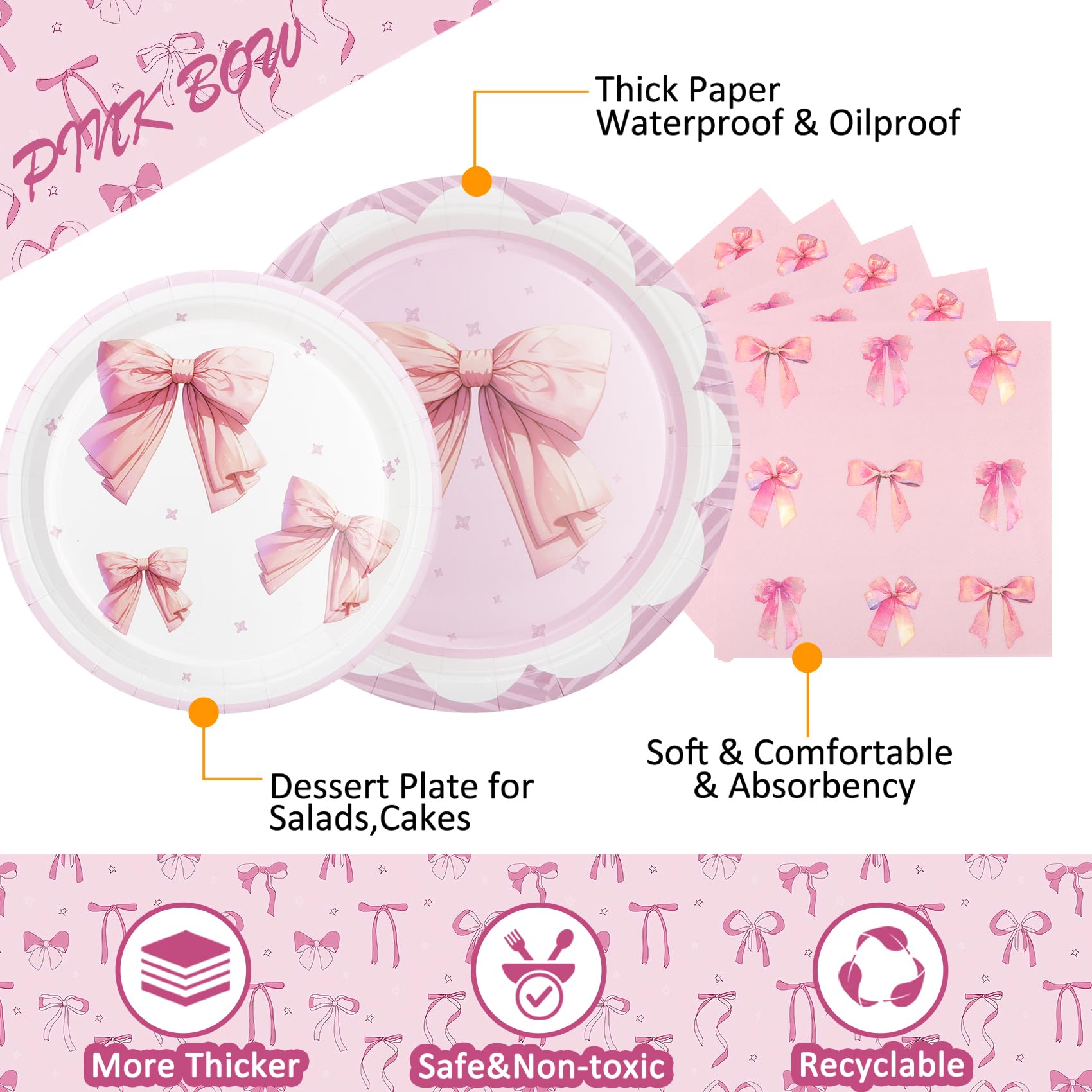 Pink Bow Party Plates and Napkins Supplies - 25 Disposable Plates, 25