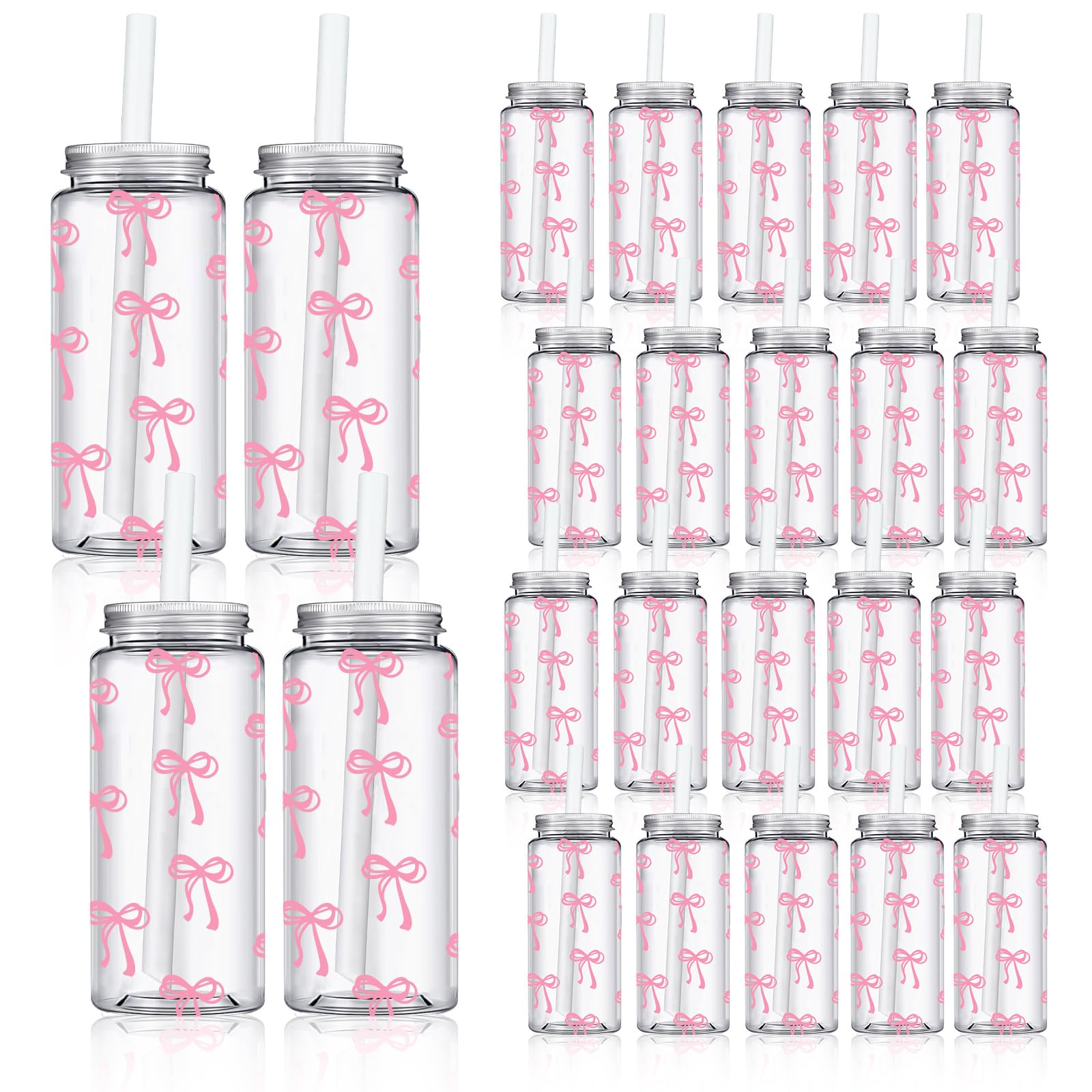 Whaline 20Pcs Pink Bow Plastic Cups with Lids and Straws Clear