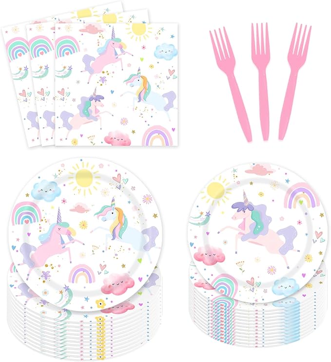 96 Piece Unicorn Party Supplies Set Magical Pastel Rainbow Tableware